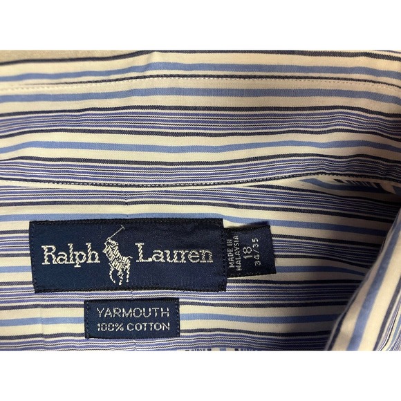 Ralph Lauren Shirt Men's 18 34/35 Blue & White Striped Yarmouth Cotton Button Up - Picture 6 of 9